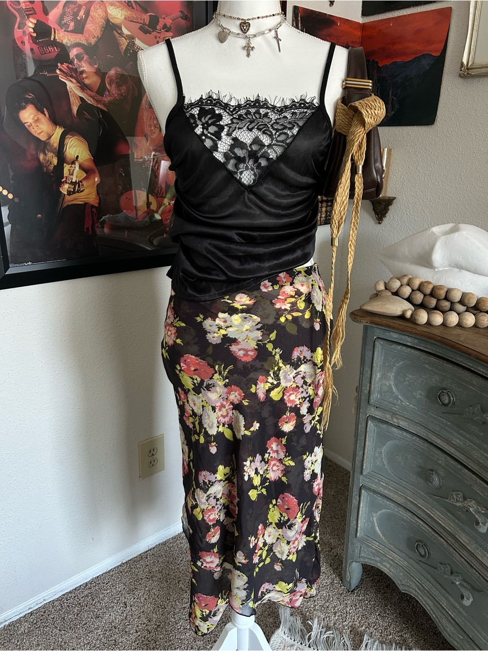 Black Floral Midi Skirt Size XS Asymmetrical 90s Dark Fairy Grunge Chiffon Sheer